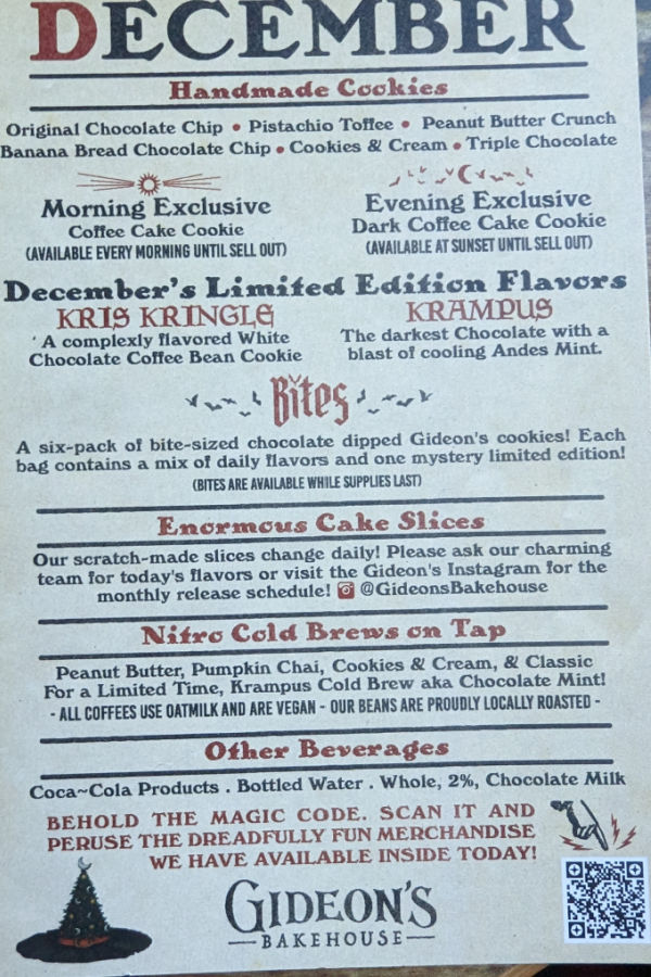 December Menu for Gideon's Bakehouse Disney Springs