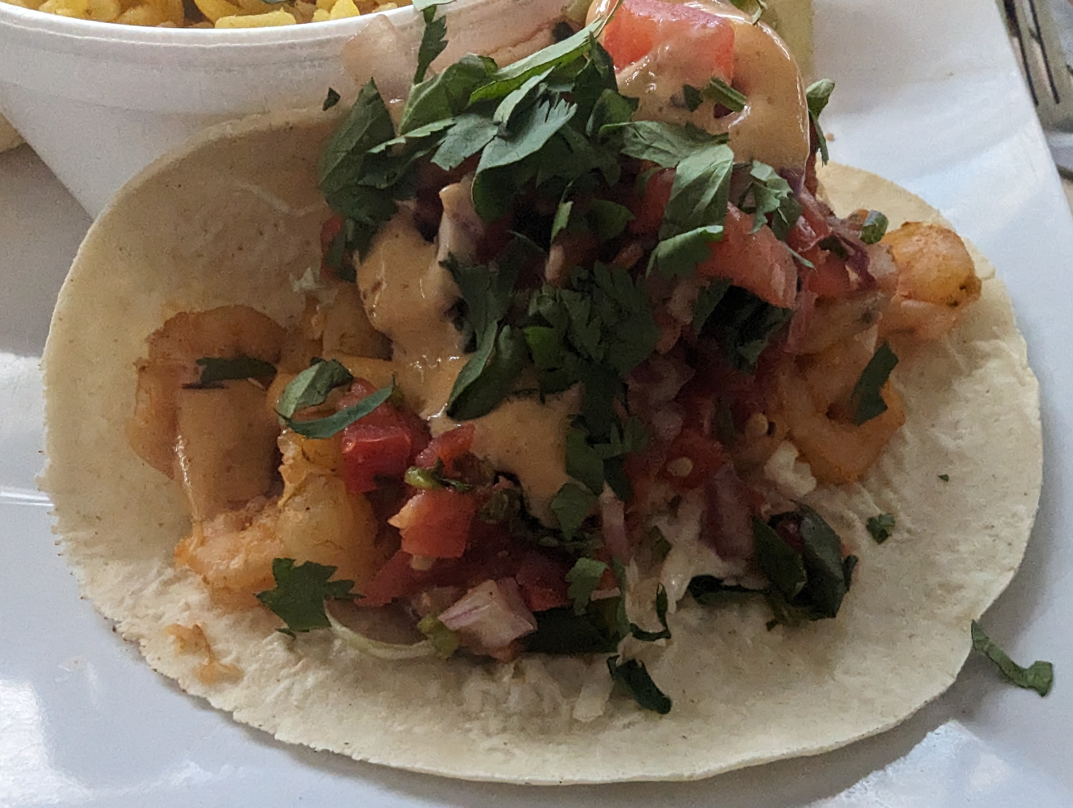 white plate with a round flour tortilla with shrimp, pico de gallo, cilantro, and a creamy, pink sauce