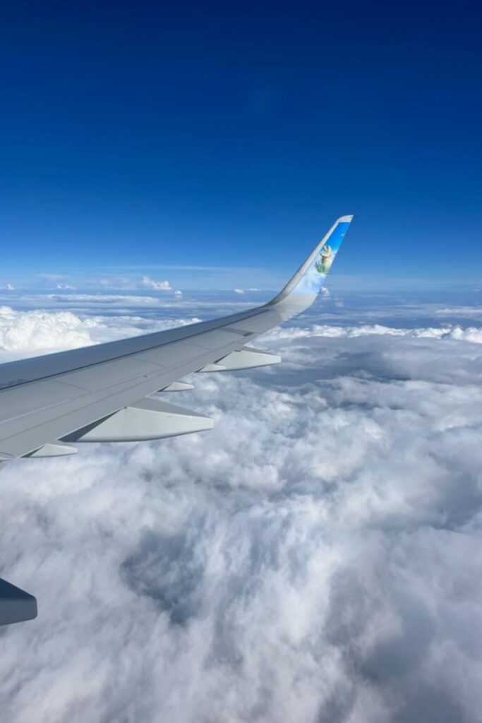 airplane wing with fluffy white clouds underneath