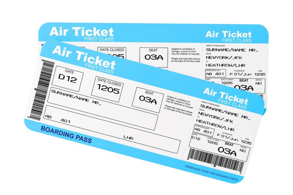 rectangle paper boarding pass, white with black writing and a black bar code, white writing shows that the person is traveling in first class, also has the airplane seat number assigned